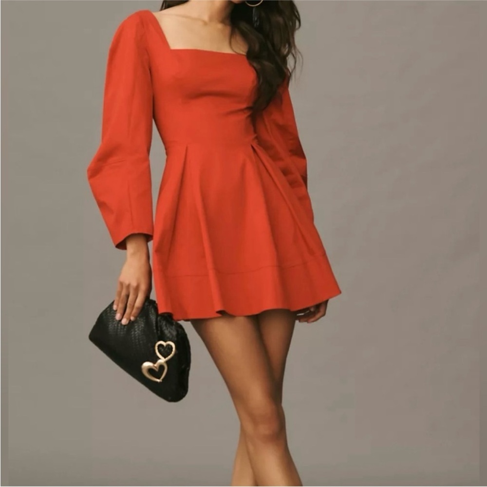 Anthropologie | MAEVE LONG-SLEEVE SQUARE-NECK PLEATED MINI DRESS | Medium | NWT